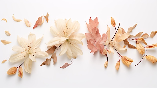 Azalea seca madreselva y decoración de hojas sobre fondo blanco.