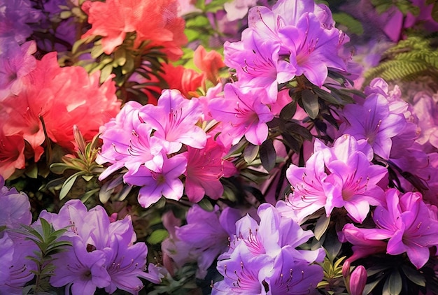 azaleas rosas y verdes y en plena floración al estilo de una composición densa