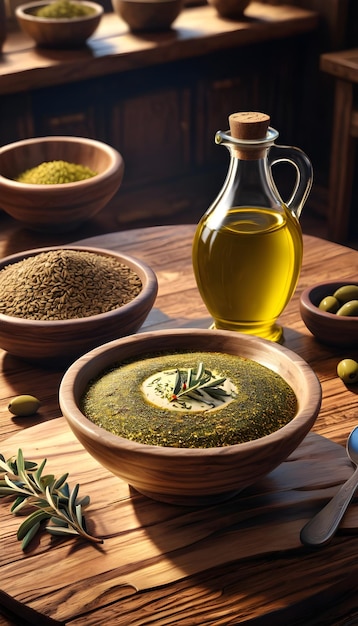 Foto azeite de oliva e zaatar bowl