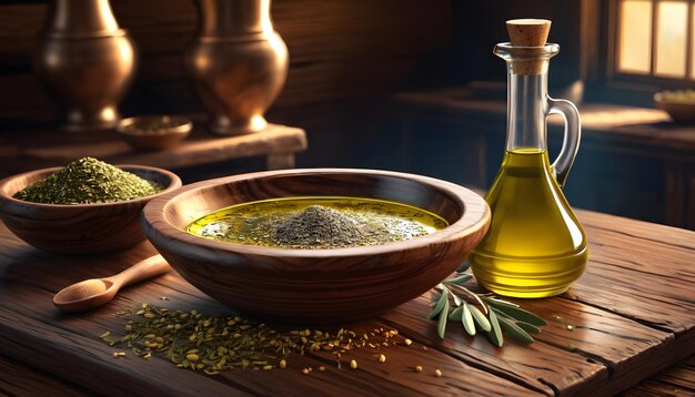 Foto azeite de oliva e zaatar bowl