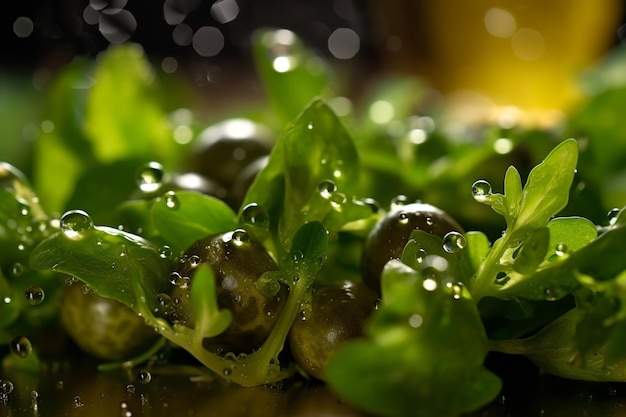 azeite de oliva extra virgem sendo regado em uma salada verde vibrante