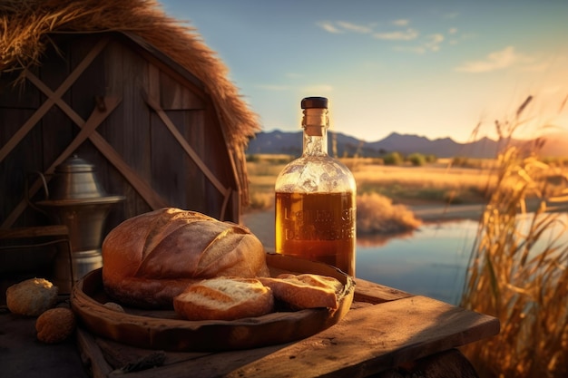 Azeite e pão na mesa de uma fazenda