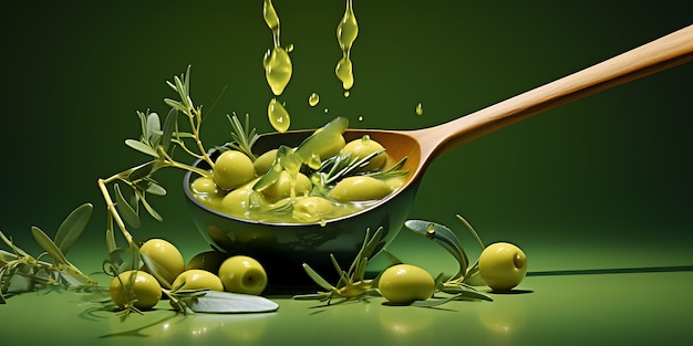 Azeitonas, azeite virgem extra e folhas de oliveira flutuam no ar