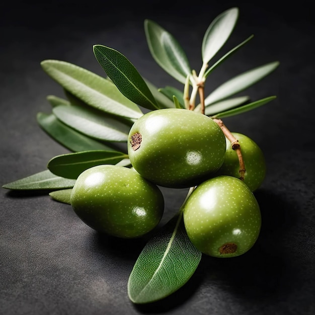 Azeitonas verdes com folhas e azeitonas em um fundo preto