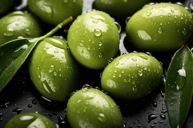 Azeitonas verdes com gotas de água