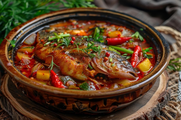 Foto azeri syrdak com sea bass prato de frutos do mar asiático caseiro vegetais e alho-poró em musgo natural