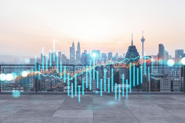 Azotea con terraza de hormigón Horizonte al atardecer de Kuala Lumpur Pronóstico y modelado de negocios de gráficos digitales de hologramas de mercados financieros Centro de la ciudad Doble exposición