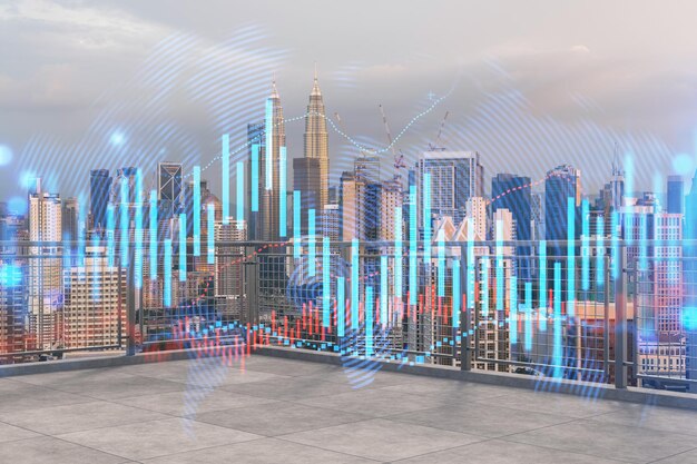 Azotea con terraza de hormigón Horizonte al atardecer de Kuala Lumpur Pronóstico y modelado de negocios de gráficos digitales de hologramas de mercados financieros Centro de la ciudad Doble exposición