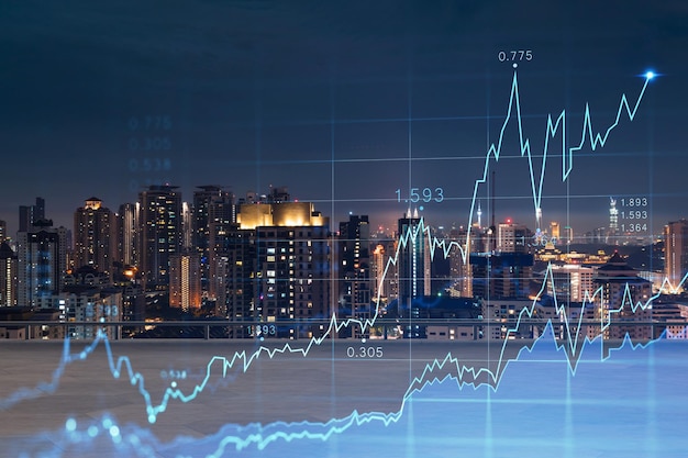 Azotea con terraza de hormigón Horizonte nocturno de Kuala Lumpur Pronóstico y modelado de negocios de gráficos digitales de hologramas de mercados financieros Centro de la ciudad Doble exposición