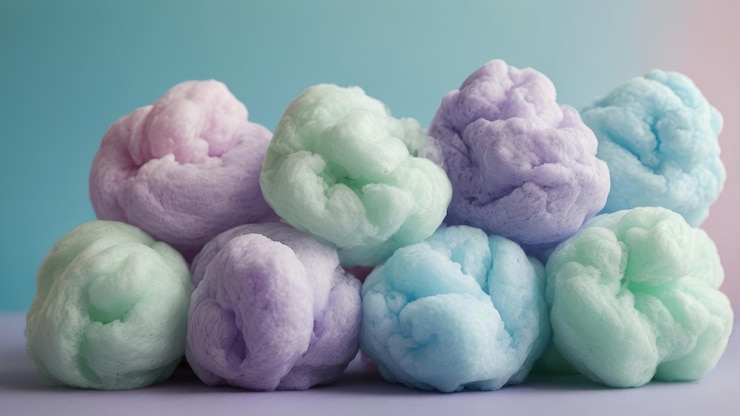 Foto azúcar de algodón azul verde y púrpura en un fondo de color pastel suave