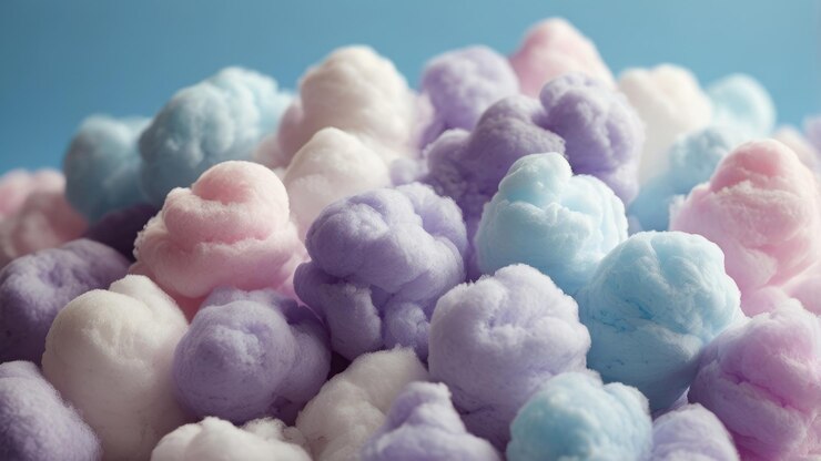 Foto azúcar de algodón blanco y púrpura en un fondo de color pastel suave