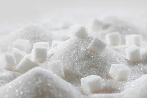 Azúcar granulado blanco y cubos de azúcar refinado de cerca en la cocina