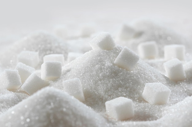 Foto azúcar granulado blanco y cubos de azúcar refinado de cerca en la cocina