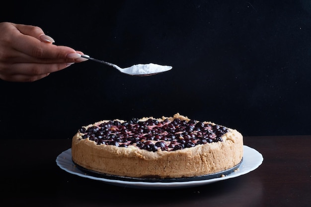 El azúcar en polvo se espolvorea sobre el postre de primer plano de la tarta de queso con bayas calientes frescas sobre un fondo oscuro de la placa