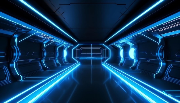 Azul Blanco Luces LED Ciencia ficción Futurista Nave espacial moderna Túnel oscuro Corredor Generativo ai