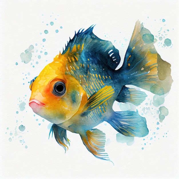 Azul bonito com ilustração em aquarela de peixes tropicais amarelos