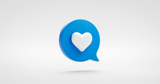 Azul como signo de icono de corazón o elemento gráfico de ilustración de medios de amor social favorito aislado en símbolo de comentario de notificación con concepto de seguidores de burbujas de discurso. Representación 3D.