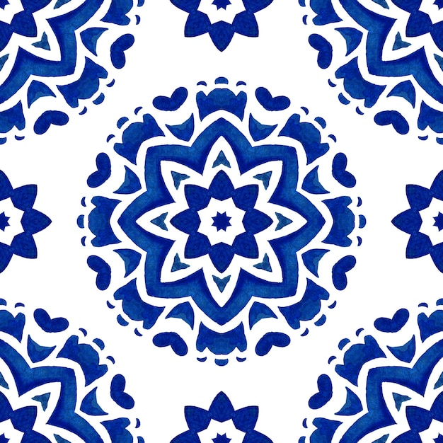 Azul e branco abstrato desenhado à mão telha padrão de mandala estrela aquarela ornamental sem emenda. textura de luxo elegante para tecidos e papéis de parede, planos de fundo e preenchimento de página.