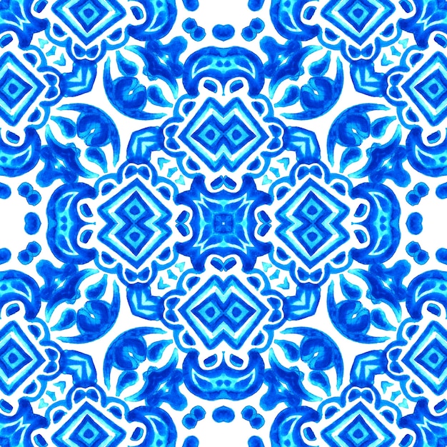 Foto azul e branco abstrato mão desenhada telha sem costura padrão de pintura em aquarela ornamental. textura de ondas elegantes para tecidos e papéis de parede, planos de fundo e preenchimento de página.