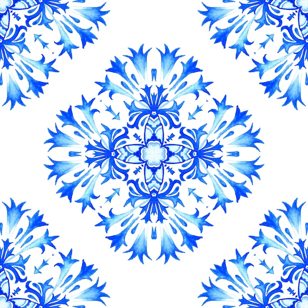 Azul e branco abstrato mão desenhada telha sem costura padrão de pintura em aquarela ornamental.