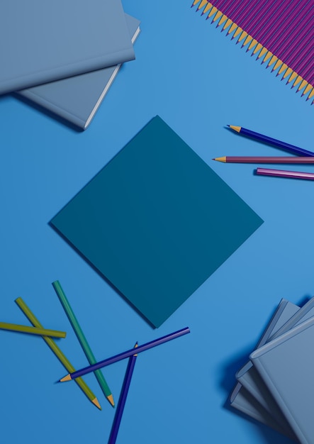 Azul escuro De volta à escola, o produto exibe um pódio ou uma vista superior, plana acima dos livros de lápis