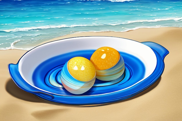 Azul mar amarelo praia cenário natural fundo placa de frutas decoração papel de parede ilustração