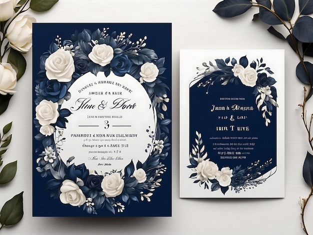 azul marino y lujo invitación de boda invitación floral gracias RSVP tarjeta moderna diseño en poco