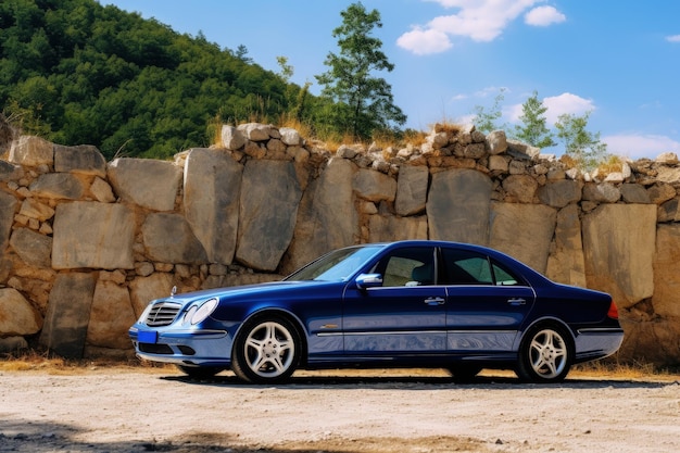 Azul metálico mercedes benz w211 año 2004 equipo de vanguardia capturado  cerca de una sesión fotográfica de pared de roca