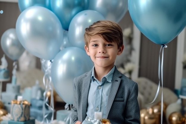 Azul niño niños pequeños niño infancia lindo globo fiesta cumpleaños IA generativa
