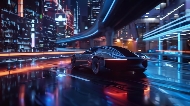 El azul oscuro elegante coche deportivo futurista acelera a través de la ciudad por la noche sus faros cortando a través de La oscuridad
