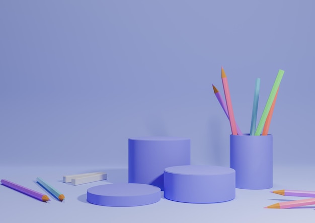 Azul pastel de volta às aulas de exibição de três pódios de lado com lápis e giz