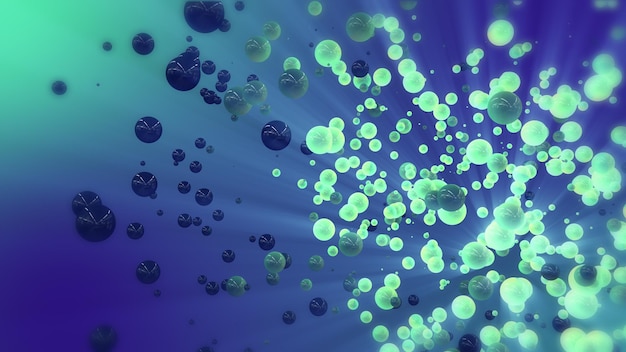 Amp azul Renderização 3d abstrata verde de esferas caóticas e partículas voadoras de bola no espaço vazio