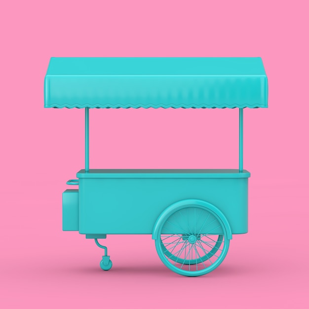 Azul retro ice cream trolley mock up duotone em um fundo rosa. renderização 3d