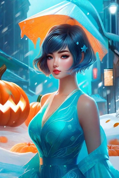 Azul Turquesa Sonha Cabelo Curto Coreano na Neve Halloween