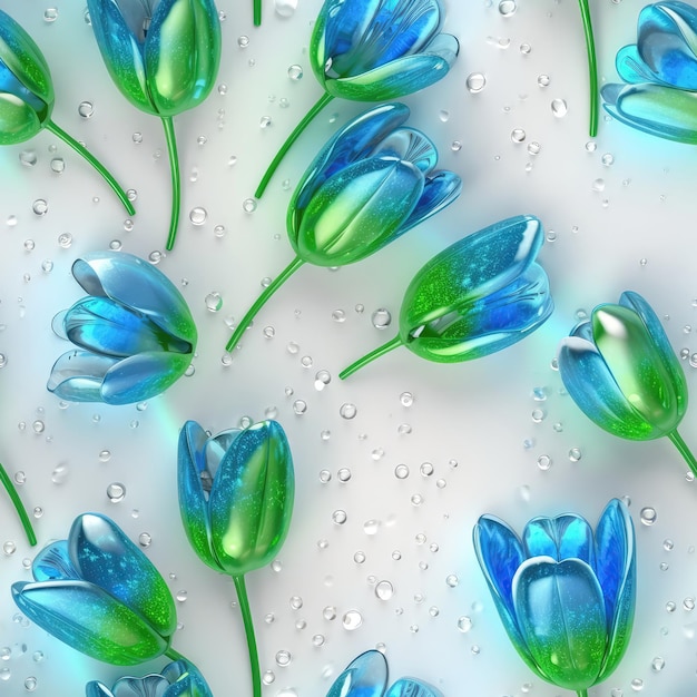Azul Verde Tulipa Flores Glitter Fundo Branco Azulejo Fundo Sem Costura Generativa IA
