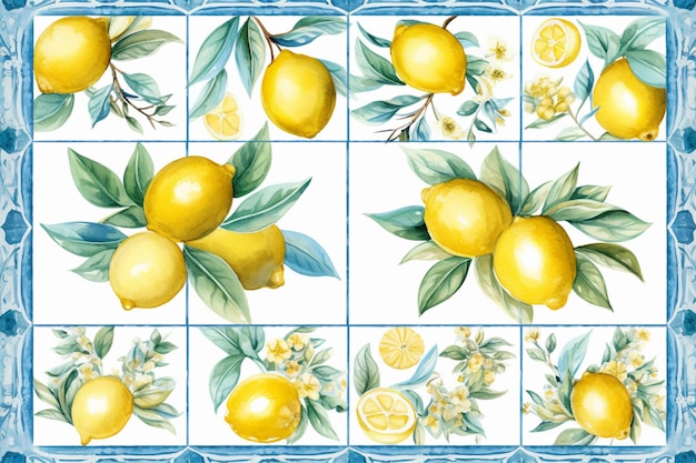 Un azulejo azul y blanco con limones.