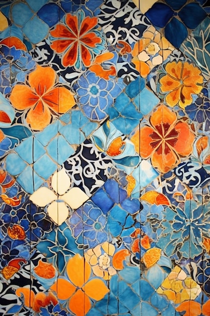 Un azulejo azul y naranja con flores.