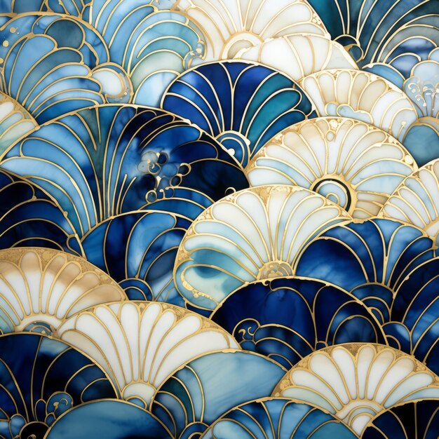 Azulejo de cerâmica gravado azul e dourado com técnicas artísticas tradicionais japonesas