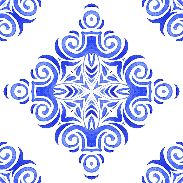 Azulejo dibujado a mano abstracto azul y blanco sin fisuras patrón de pintura de acuarela ornamental. Elegante textura de onda de lujo para tela y fondos de pantalla, fondos y relleno de página.