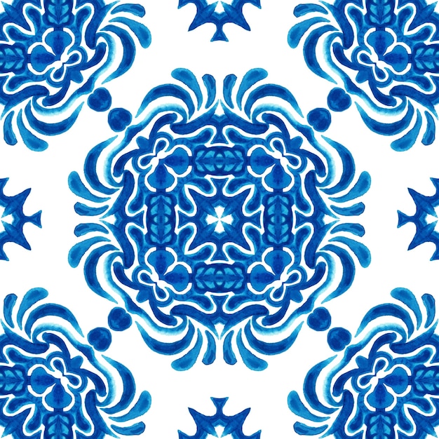 Azulejo dibujado a mano abstracto azul y blanco sin fisuras patrón de pintura acuarela ornamental Textura de lujo elegante para telas de azulejos y fondos de pantalla, fondos y relleno de página.