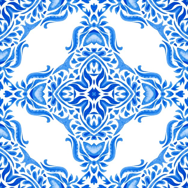 Azulejo dibujado a mano abstracto azul y blanco sin fisuras patrón de pintura acuarela ornamental