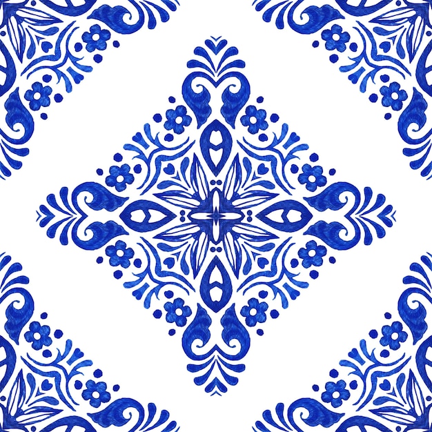 Foto azulejo dibujado a mano abstracto azul y blanco sin fisuras patrón de pintura de acuarela ornamental.