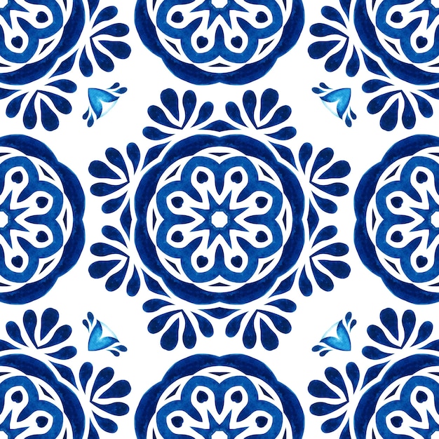 Azulejo español Azulejo. Diseño de tela de azulejos orientales patrón acuarela floral azul transparente magnífico. Adorno turco