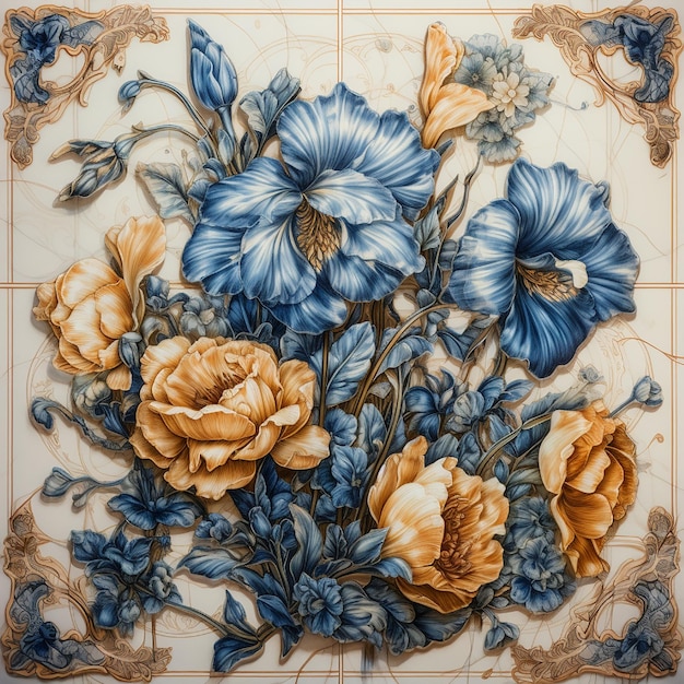 Un azulejo con flores que es azul y amarillo.