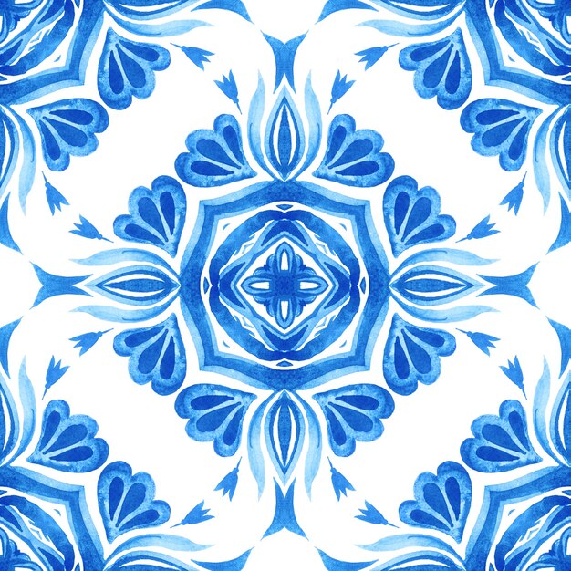 Azulejo con textura dibujado a mano abstracto azul y blanco sin fisuras patrón de acuarela ornamental.