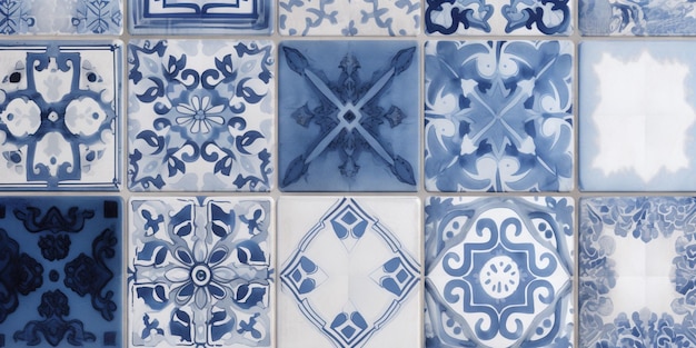 Azulejos azules y blancos en un baño.