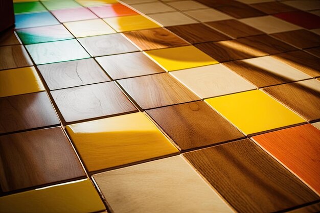 Azulejos coloridos de rayas beige y amarillas en un hermoso piso de madera barnizada