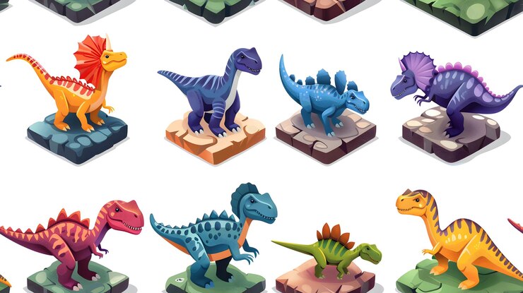 Foto azulejos da época dos dinossauros ícones de design plano com temas pré-históricos com dinossauros coloridos trazendo o an