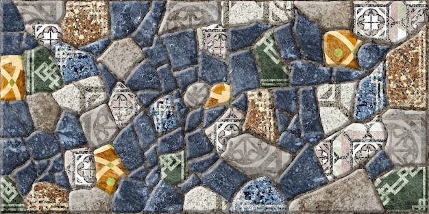 Azulejos decorativos de piedra en relieve con mosaicos.