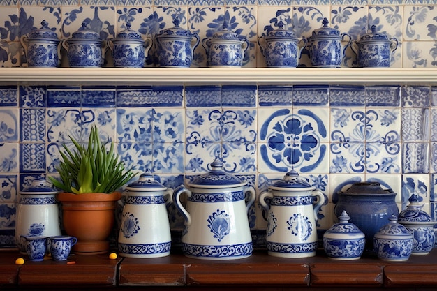 Los azulejos de Delft azules y blancos en una cocina tradicional